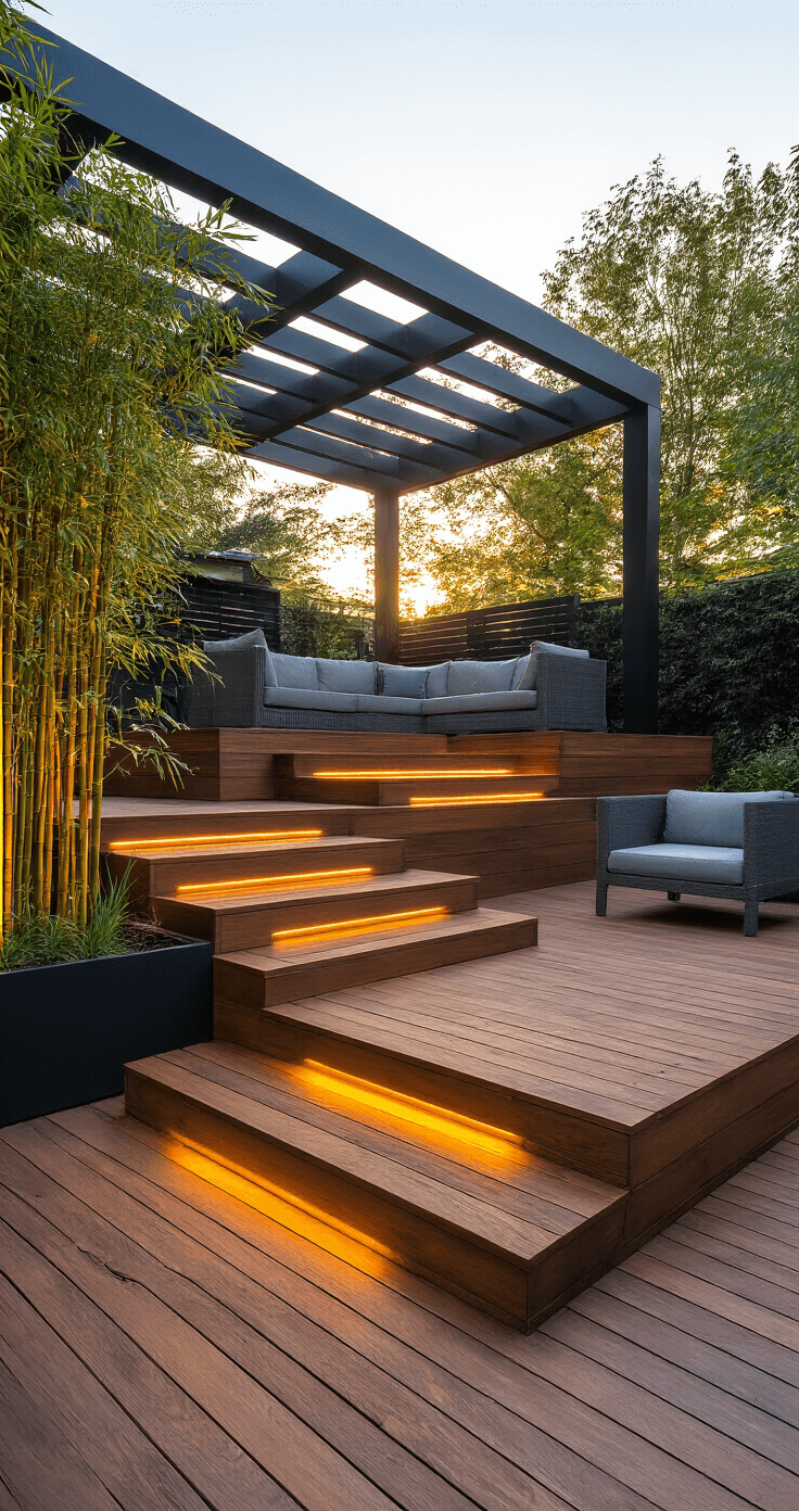 A split-level deck sanctuary at golden hour, showcasing three distinct levels connected by floating wooden stairs, with warm sunlight filtering through a pergola and creating linear shadows. Rich walnut composite decking contrasts with black metal railings, while modern gray outdoor furniture complements the scene. Integrated LED strip lighting illuminates the steps, and potted bamboo along with ornamental grasses soften the edges. The photograph is taken from a lower angle, highlighting the elevation changes and the warm evening lighting that enhances the textures.