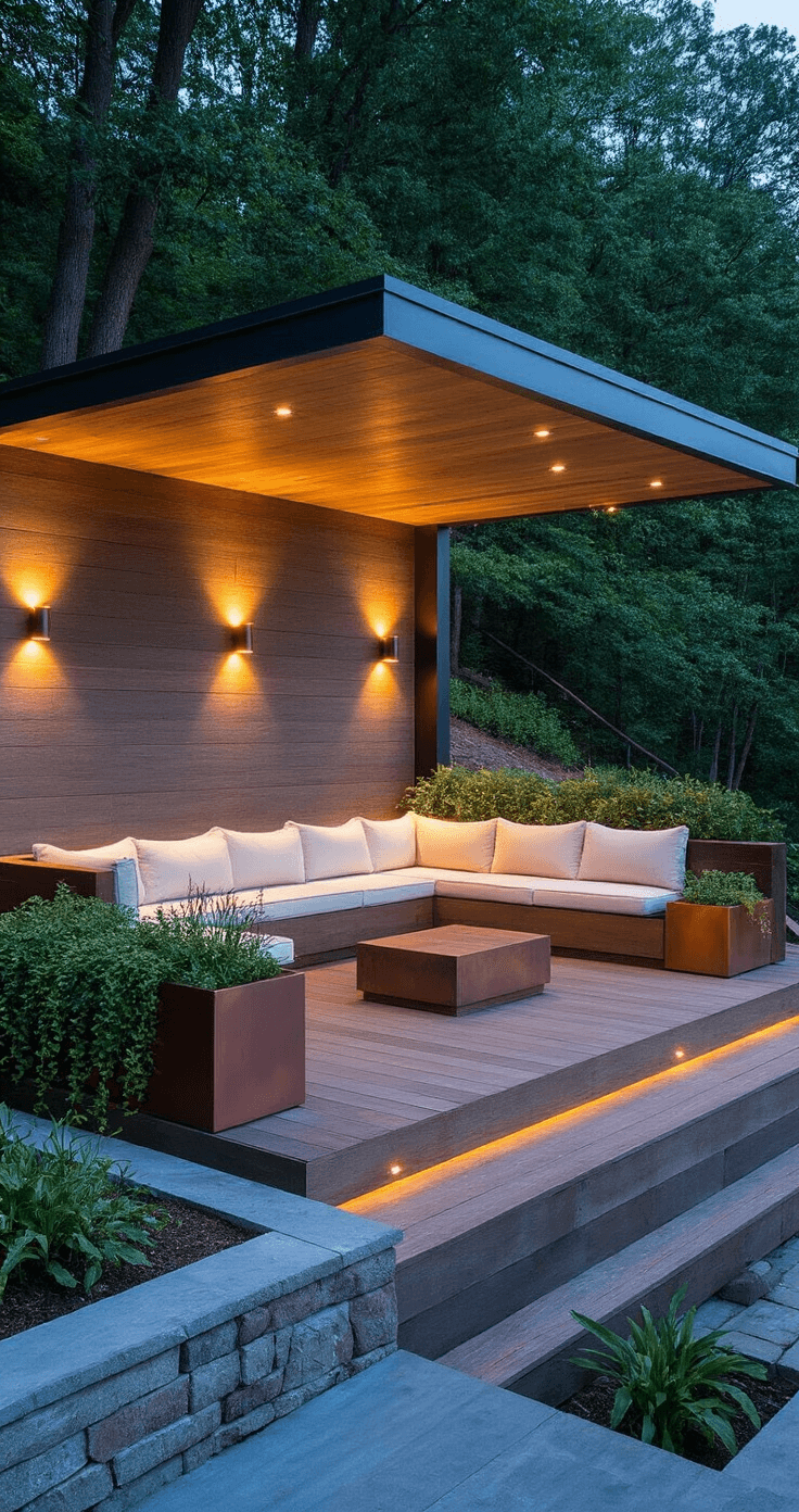 Intimate elevated hillside deck nook at twilight, featuring a weather-resistant teak sectional with ivory cushions, built-in benches, modern sconces, and string lights, surrounded by cascading foliage in copper planters and a natural stone retaining wall below.