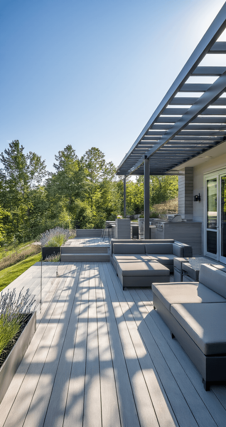 A contemporary slope-side entertainment deck featuring a multi-tiered design with transparent glass railings, light gray composite decking, and a shaded area from pergola slats casting geometric shadows. An outdoor kitchen with stainless appliances is along the back wall, complemented by charcoal modular lounge seating and integrated planter boxes with lavender and ornamental grasses. The eye-level perspective emphasizes the horizontal lines and depth of field, showcasing the various functional zones.