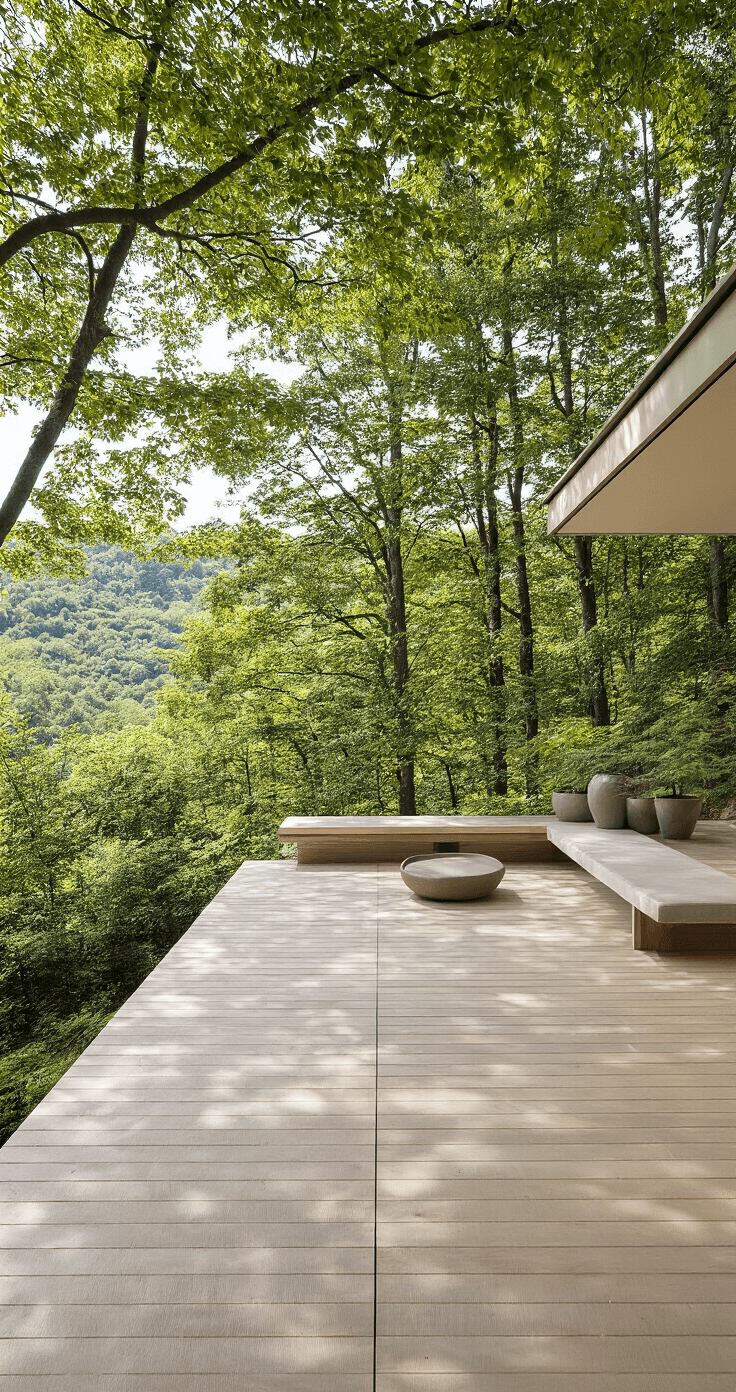 A minimalist hillside retreat featuring an elevated platform with blonde wood decking, low-profile furniture, and a built-in meditation bench, surrounded by mature trees and Japanese maples, captured in dappled natural light.