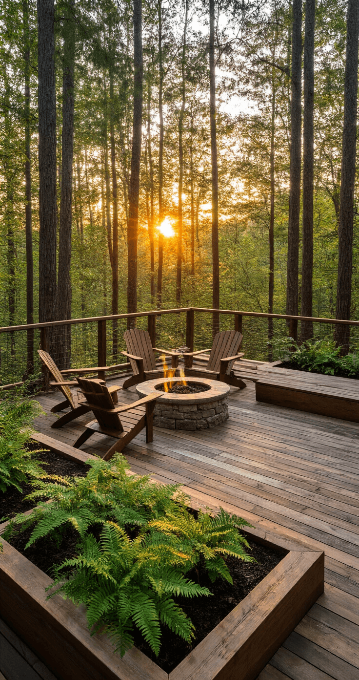 Rustic woodland deck sanctuary at sunset, featuring a split-level design with reclaimed wood decking, weathered teak Adirondack chairs facing a tree line, a stone fire pit, and raised beds of native ferns and shade plants, all bathed in golden hour backlighting.