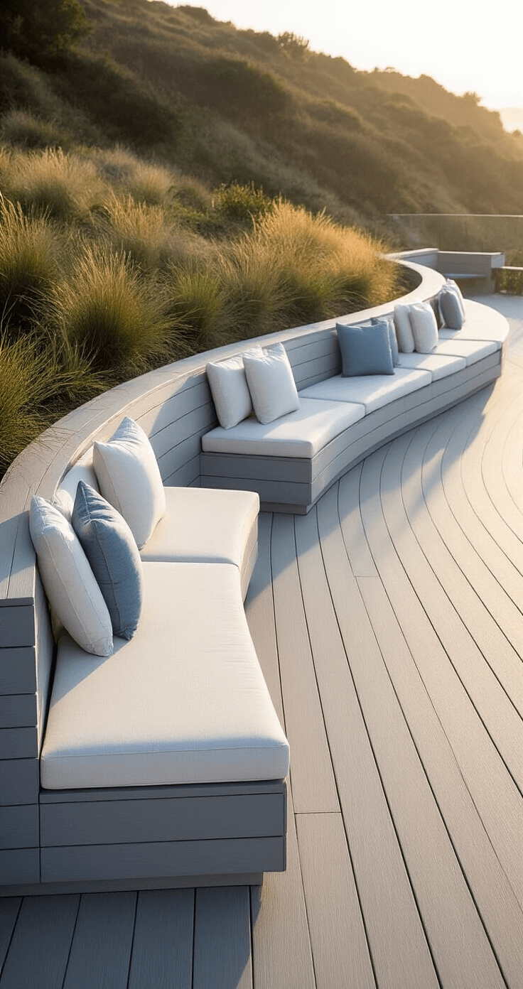 Modern coastal slope deck in soft morning light, featuring a curved design, light gray composite decking with maritime blue accents, built-in white upholstered seating, glass wind barriers, and linear planters with coastal grasses and succulents.