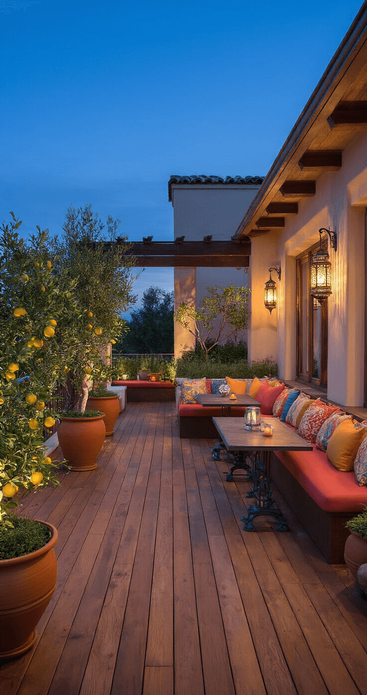 A multi-level Mediterranean-inspired terrace deck at twilight, featuring cedar decking, built-in banquette seating with colorful cushions, and ambient lighting from Moroccan lanterns, surrounded by terracotta pots with citrus trees and herbs, and wrought iron details, captured from a low angle.