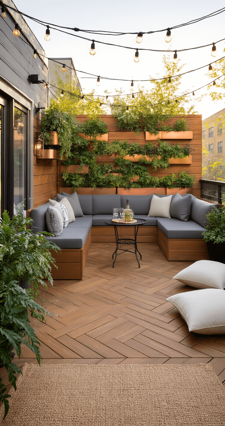 A cozy urban deck featuring herringbone-patterned composite decking, a built-in L-shaped bench with gray cushions, a vertical garden wall with copper planters, and string lights overhead, captured during golden hour with atmospheric bokeh.