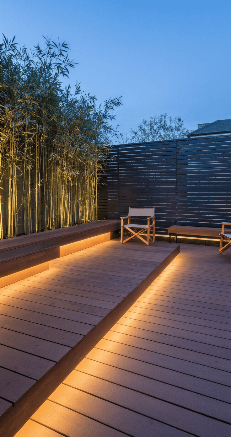 Intimate dusk view of a 6x12ft IPE hardwood deck with diagonal boards leading to a charcoal aluminum privacy screen, featuring minimalist furniture, hidden storage, LED lighting under steps, and potted bamboo for height variation.