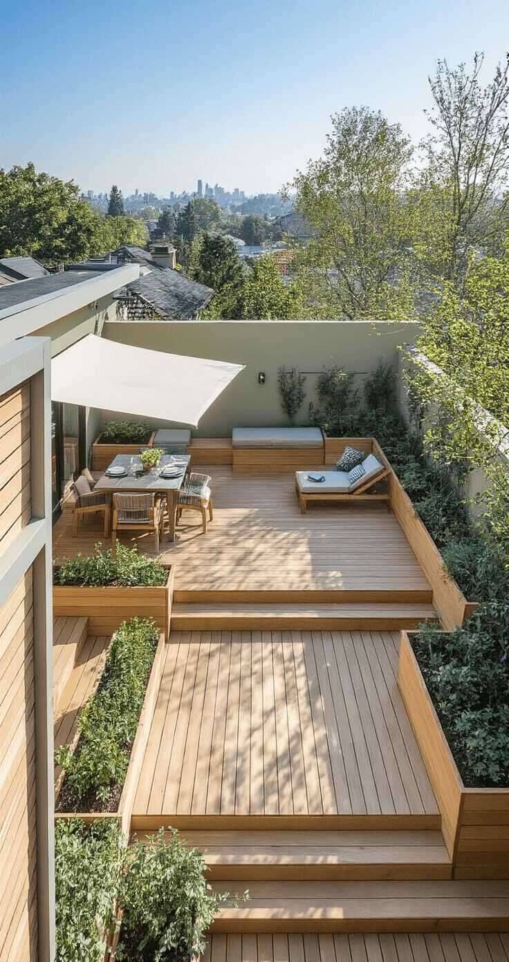 An elevated view of a tiered corner deck installation in morning light, featuring three blonde bamboo platforms for dining, lounging, and a container garden, with a retractable awning and herb planters in earth tones and sage green accents.