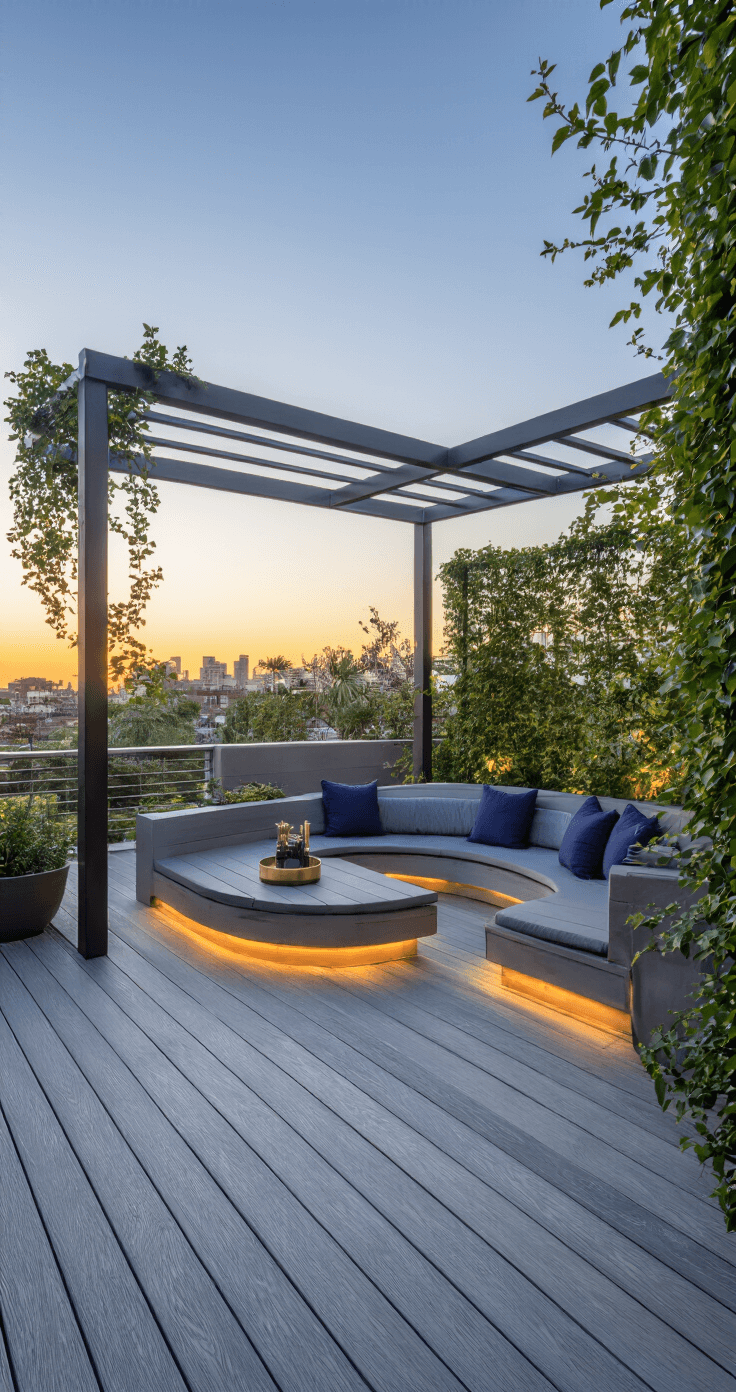 Urban deck oasis at sunset featuring a silvered gray composite deck, a sunken conversation pit with seating, a modern pergola with climbing jasmine, and deep indigo textiles, all illuminated by hidden uplighting.