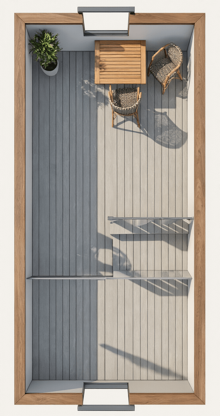 Aerial view of a 7x14ft linear deck with a walnut-toned frame, featuring lighter interior boards, multi-directional zones, slim-line furniture including a drop-leaf table and stackable rattan chairs, integrated LED strip lighting on steps, and a coastal-inspired color palette of weathered grays and maritime blues.