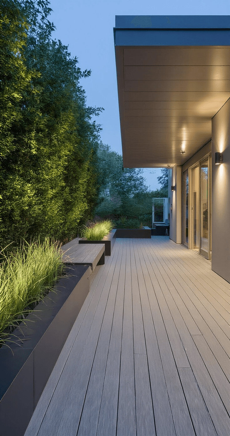 A contemporary deck featuring graphite aluminum decking, a floating bench with hidden support, minimalist steel planters with grasses, and RGB lighting, captured at twilight with a focus on clean lines and a monochromatic scheme.