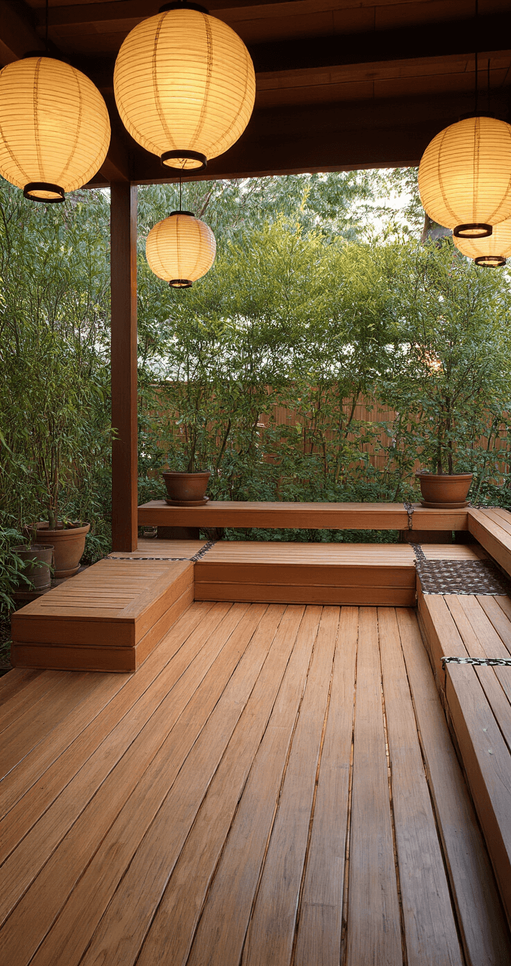 A zen-inspired deck featuring sustainable bamboo flooring in a traditional pattern, with built-in storage seating serving as a meditation platform, surrounded by potted Japanese maples for natural screening and illuminated by clusters of paper lanterns, all captured in warm natural wood tones highlighted by copper and bronze accents.