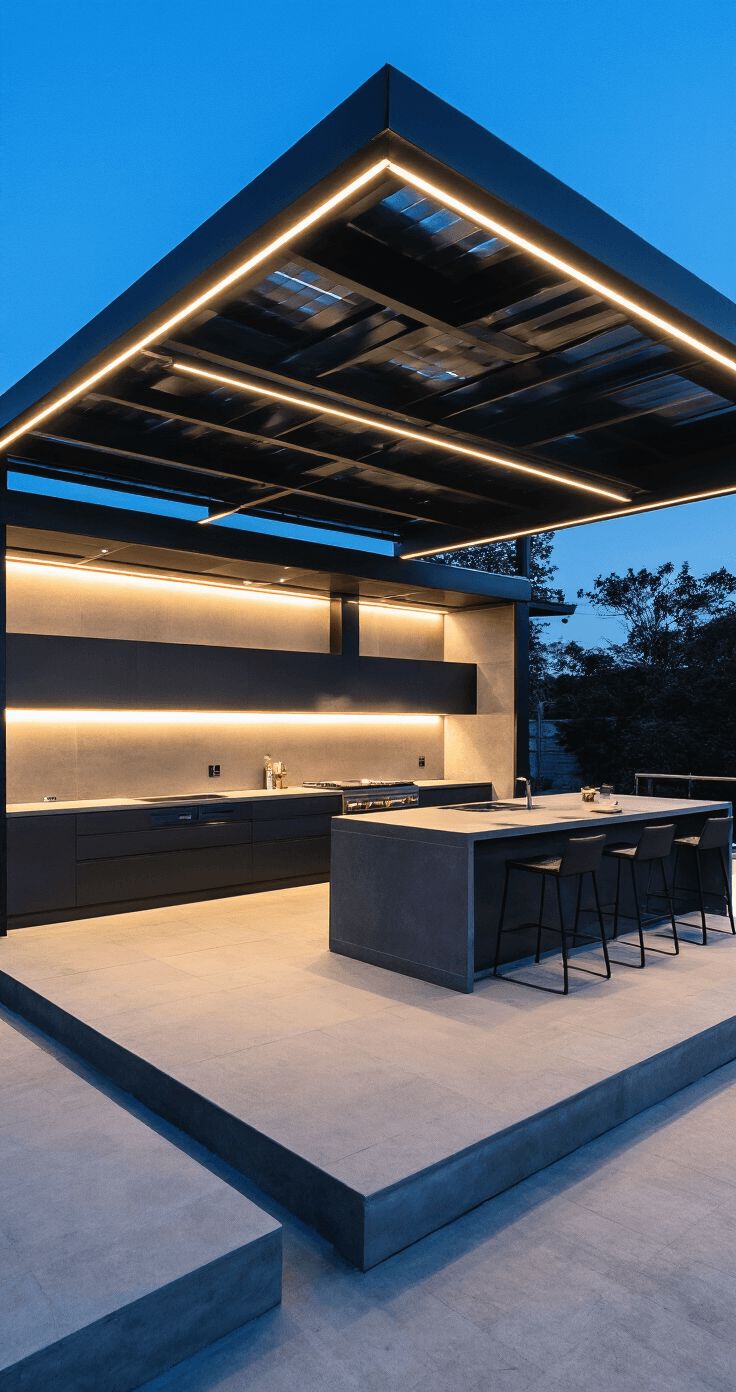 Modern outdoor kitchen pavilion at twilight, featuring a black steel frame, retractable glass walls, and illuminated concrete countertops, with a central island and bar seating, all set against a minimalist gray palette.