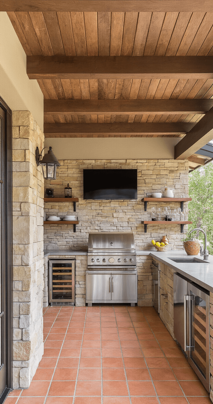 An intimate outdoor kitchen features a seamless roof extension, exposed wooden rafters, professional-grade stainless appliances, a stacked stone accent wall with a mounted TV, and terracotta tile flooring, all captured in natural diffused mid-morning light.