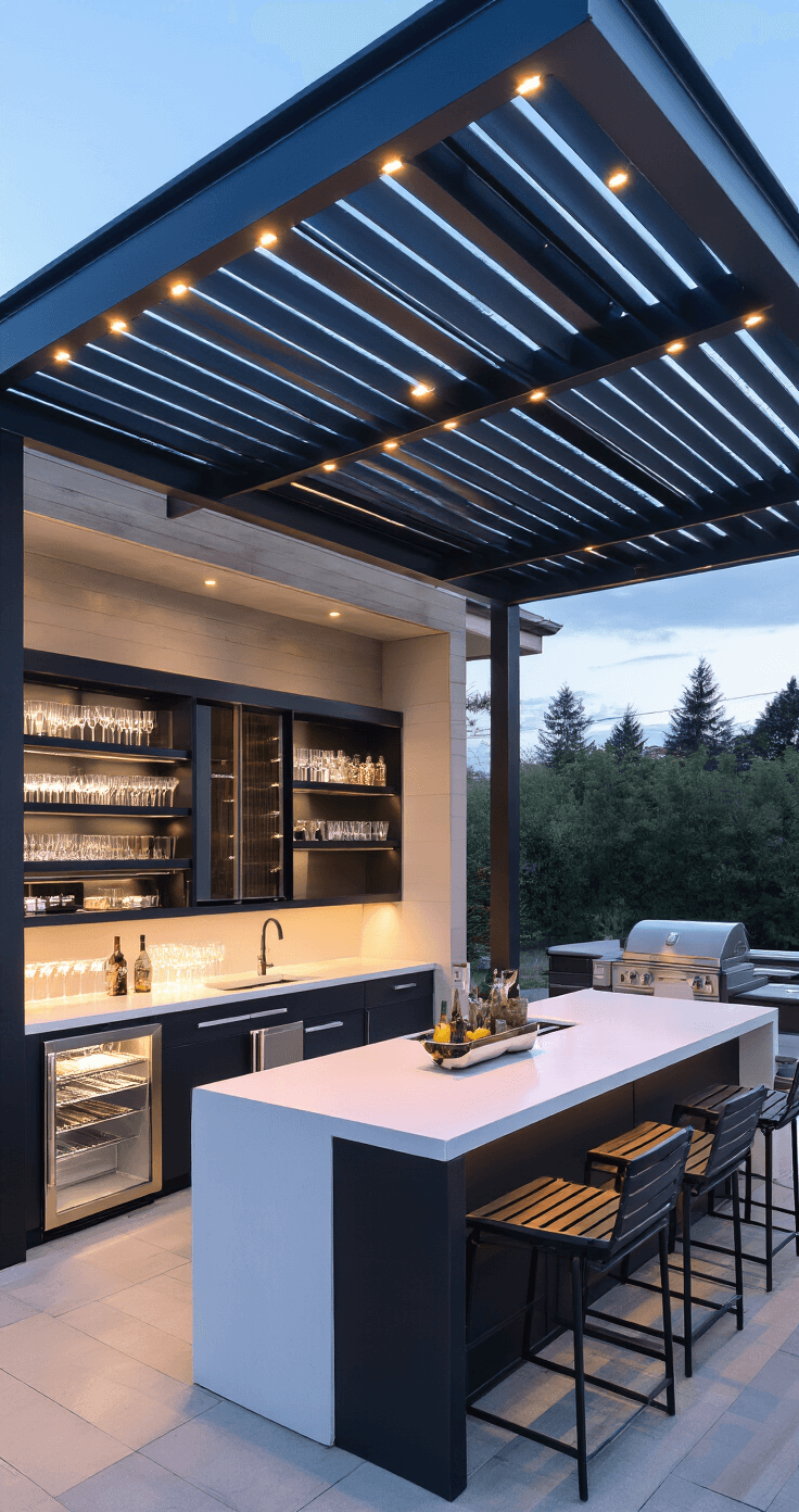 Contemporary covered outdoor entertainment space at dusk with a motorized louvered roof, LED lighting, glass-front refrigerator, stainless steel floating shelves, and white quartz waterfall countertops, captured from an elevated angle.
