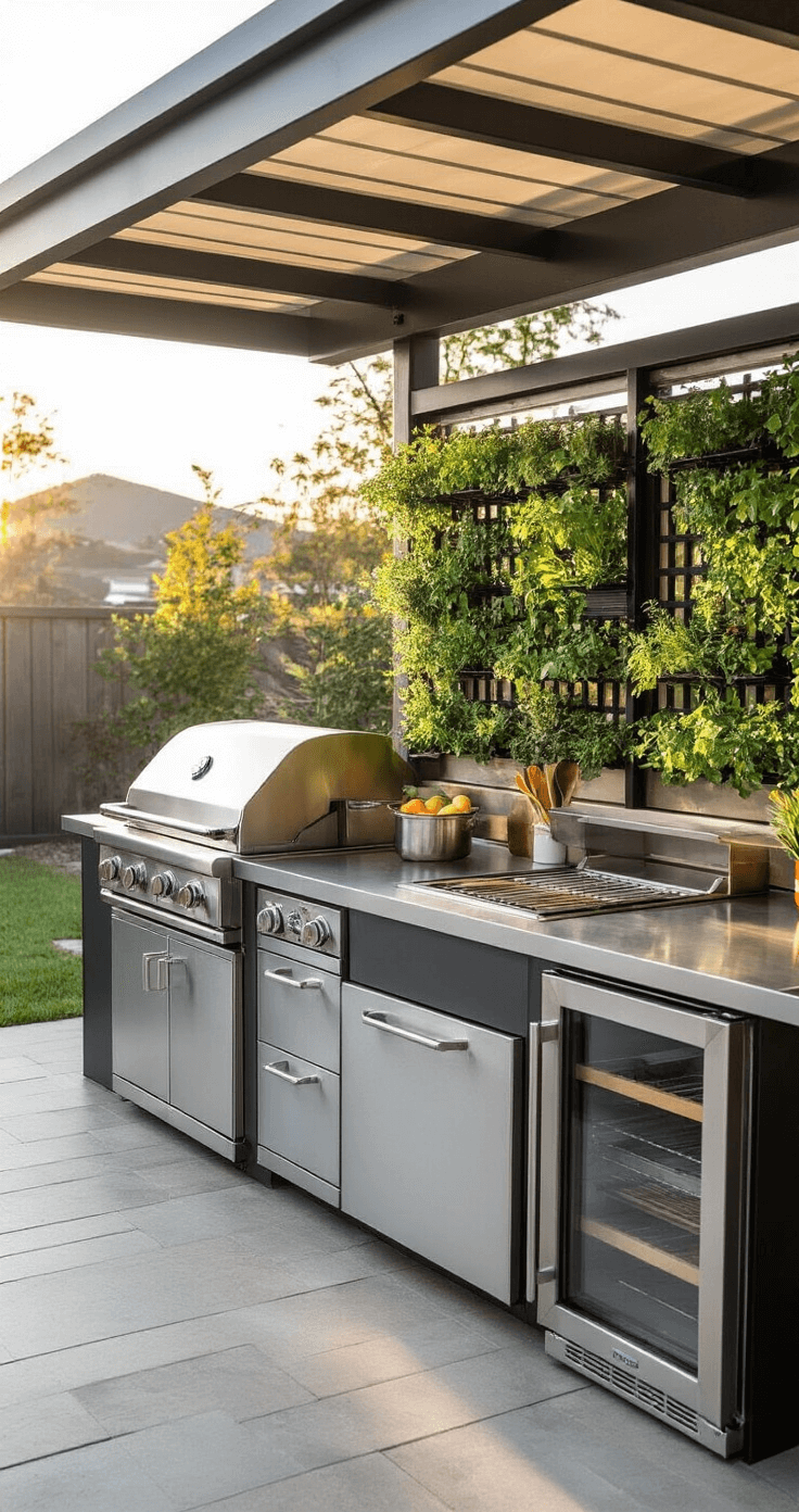 Compact outdoor kitchen pavilion with galley layout, featuring fold-down prep stations, stainless steel appliances, and integrated herb garden, captured in soft morning light.