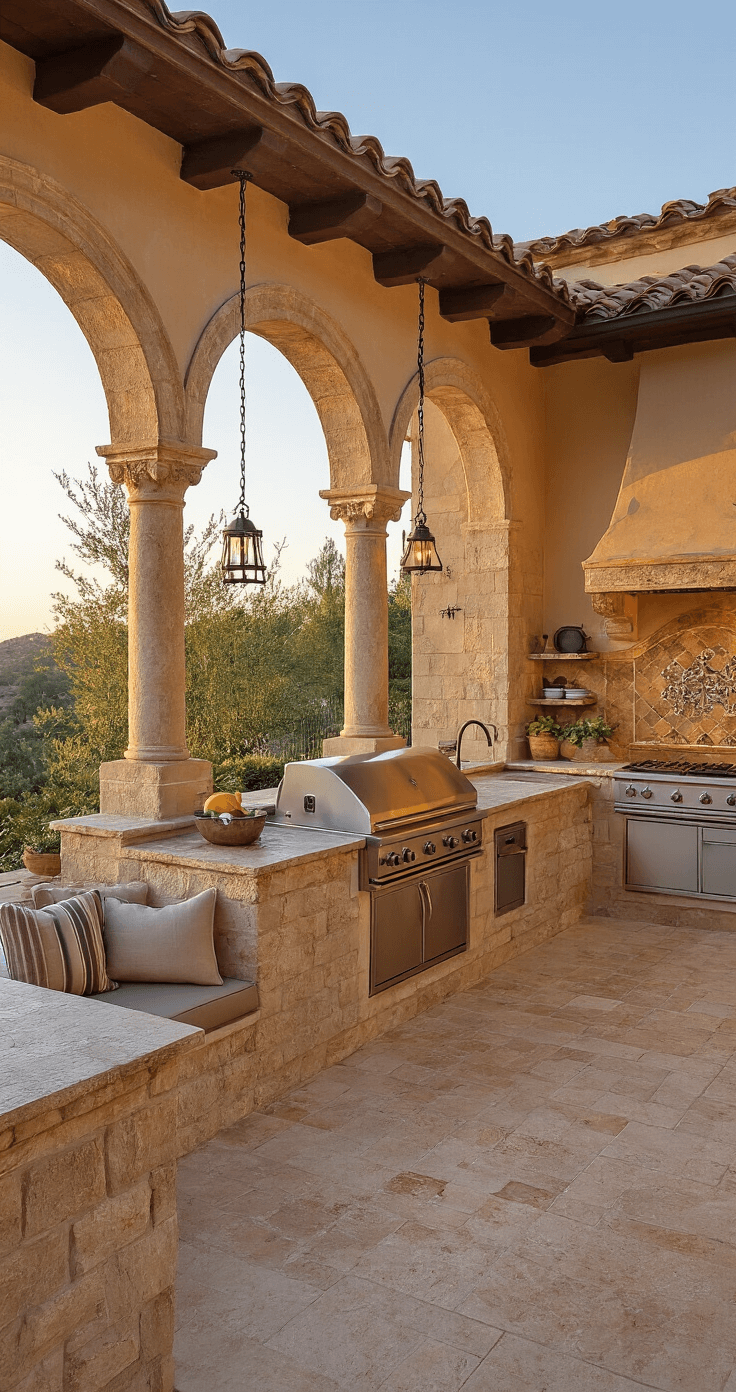 Mediterranean-style outdoor kitchen loggia featuring arched limestone columns, a professional cooking station with dual fuel ranges, terracotta tile roof, reclaimed tile backsplash, and built-in banquette seating, all bathed in warm golden hour lighting.
