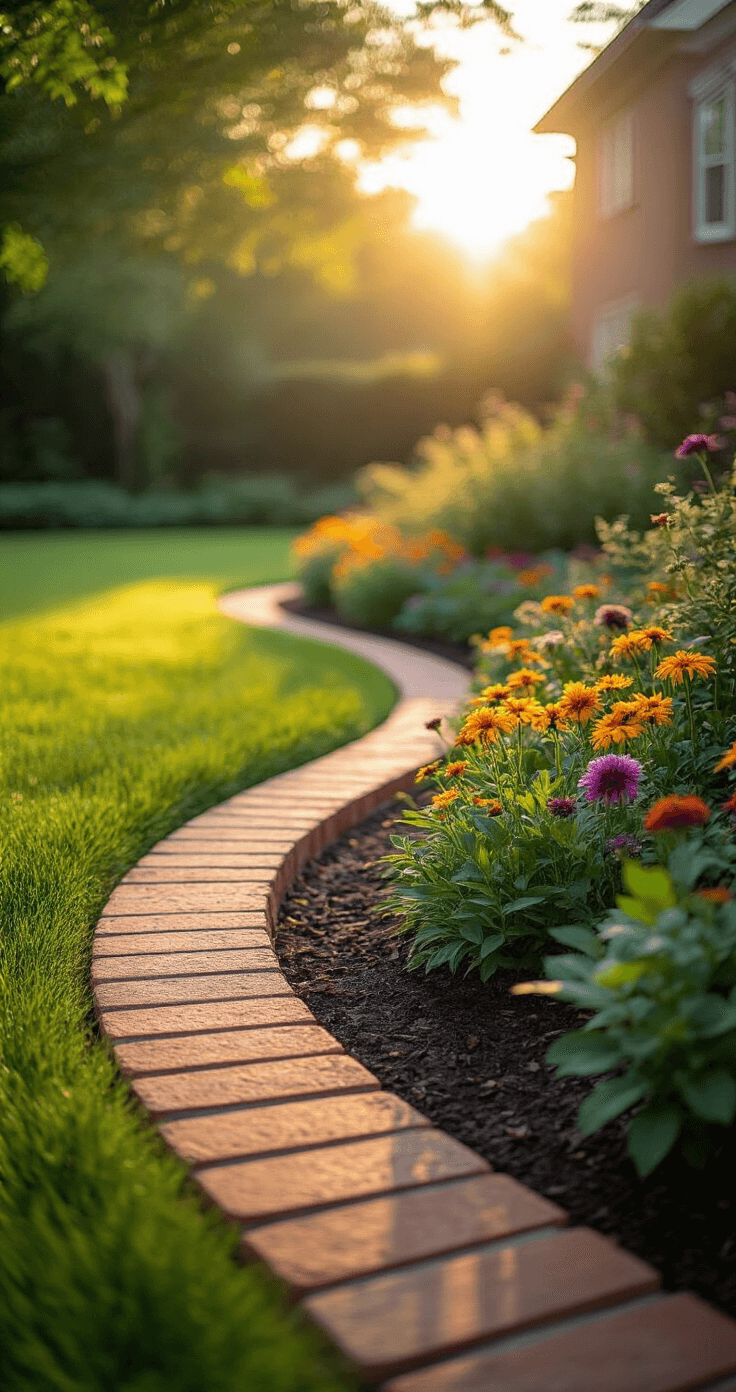 A lush residential garden at golden hour, featuring a sweeping curved border with red brick edging, vibrant perennial flowers, and a natural stone pathway, captured at ground level with a soft bokeh effect in the background.
