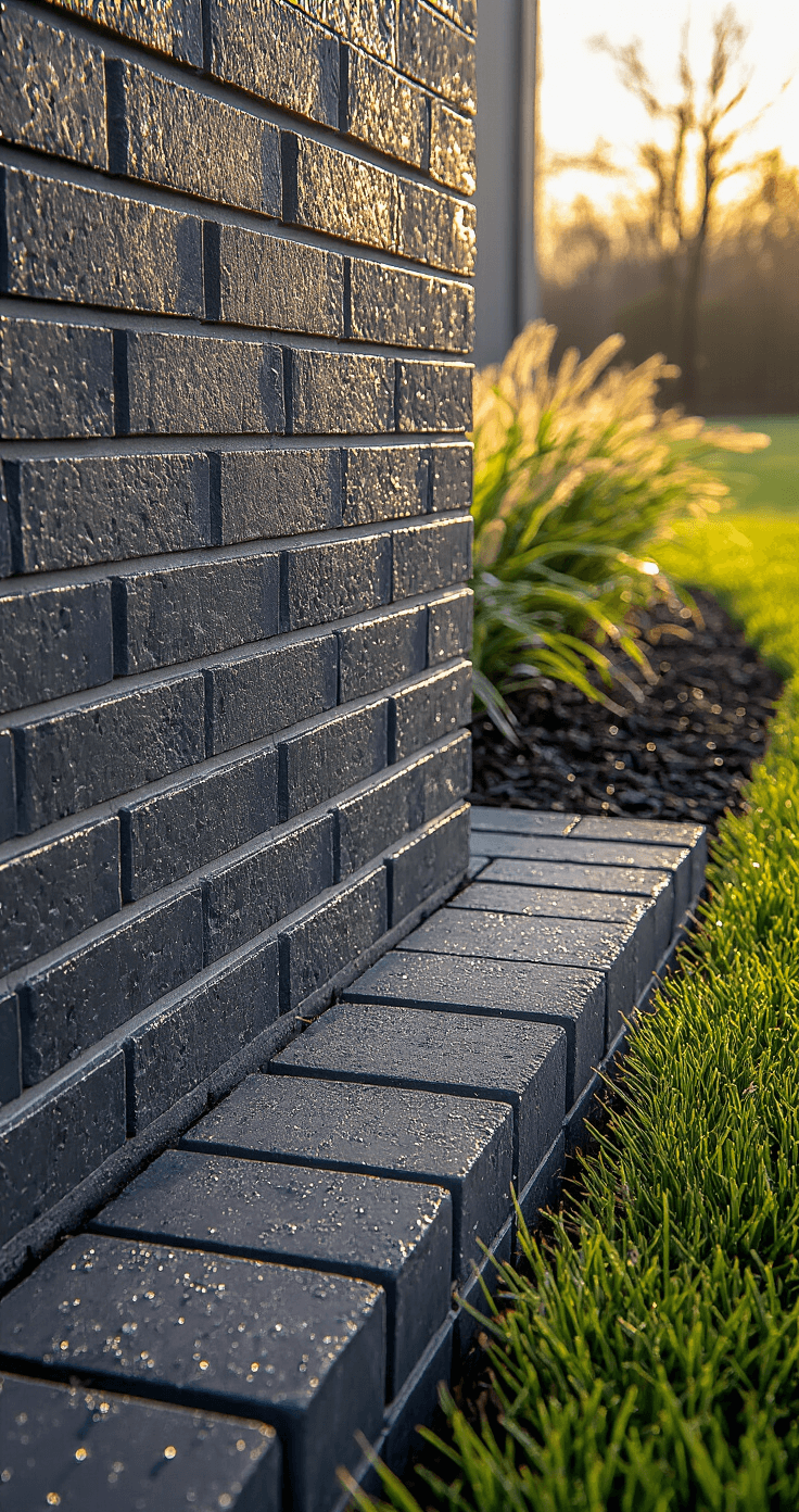 Close-up of double-stacked charcoal-colored bricks at dawn, with morning dew glistening. The bricks form a 12-inch raised border between a manicured lawn and a dark mulched bed, accentuating ornamental grasses. Strong morning light creates dramatic shadows, showcasing precise geometric stacking and detailed brick texture.