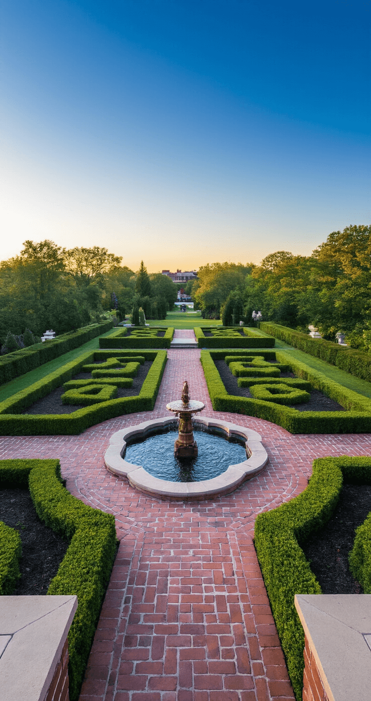 Wide-angle landscape of a formal garden showcasing antique rose-colored brick edging, with a symmetrical geometric boxwood parterre and a central fountain, captured in dramatic late afternoon light from a bird's eye perspective.