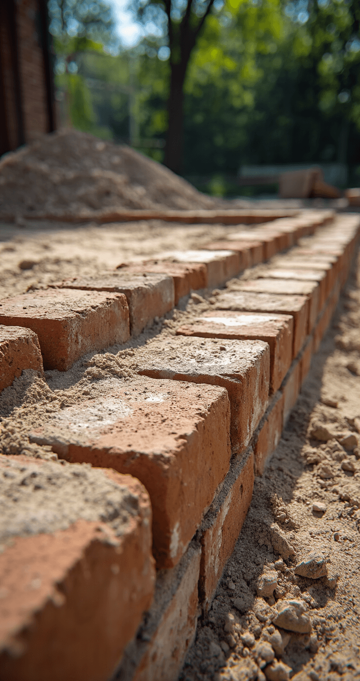 Detail shot of a weathered reclaimed brick edging installation in natural midday light, showcasing sand base preparation, leveling tools, and a partially completed edge against rich textures of aged bricks and fresh sand.