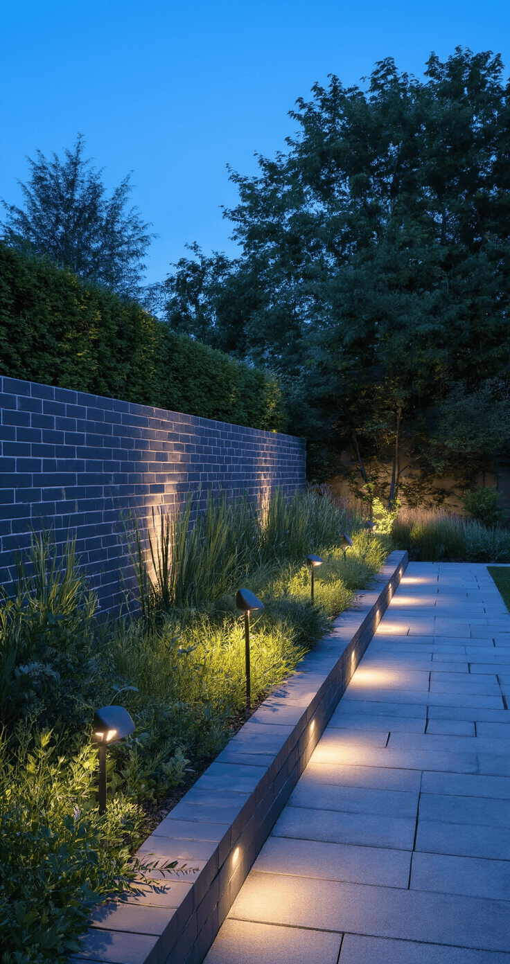 Twilight garden scene with modern grey brick edging illuminated by LED path lights, capturing dramatic shadows and a serene cool evening atmosphere under a deep blue sky.