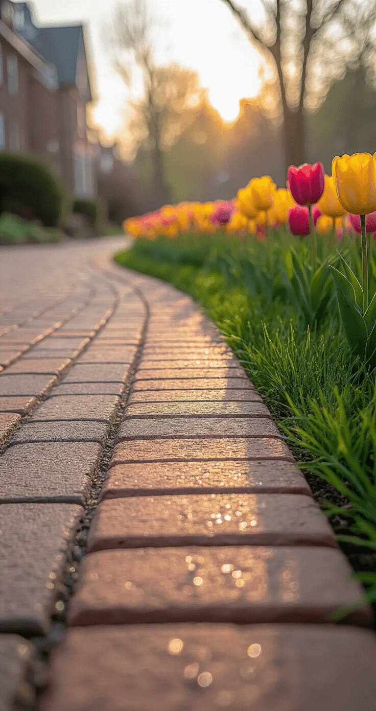 Eye-level view of a mixed-brick pattern edging with morning side-lighting, showcasing varying brick colors and textures. A shallow depth of field focuses on the intricate brick design while softening colorful tulips in the background. Dew drops glisten on nearby grass, and a warm color grade enhances the vintage brick tones.