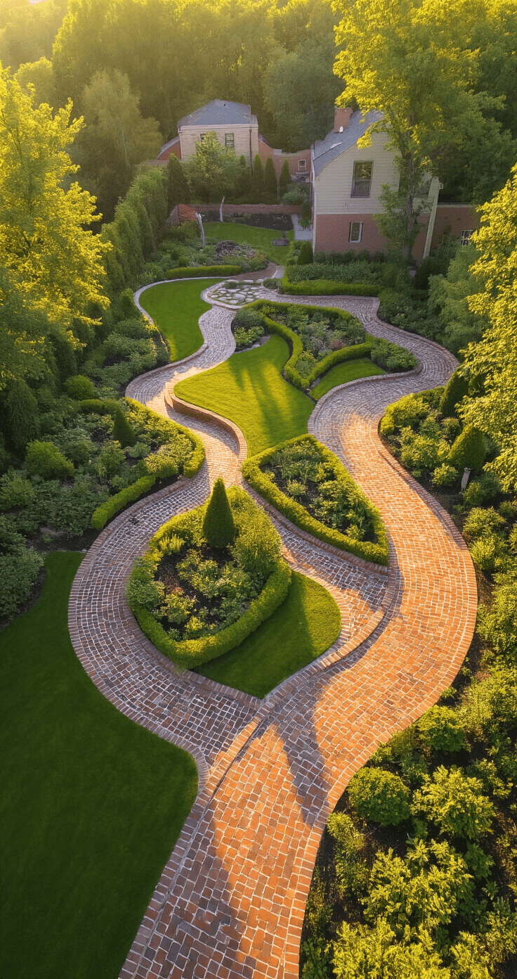 Overhead drone shot of a beautifully designed garden featuring brick edging with flowing curves, rich garden beds contrasting with an emerald lawn, and architectural features of a house visible, all captured in golden hour lighting highlighting shadow patterns.