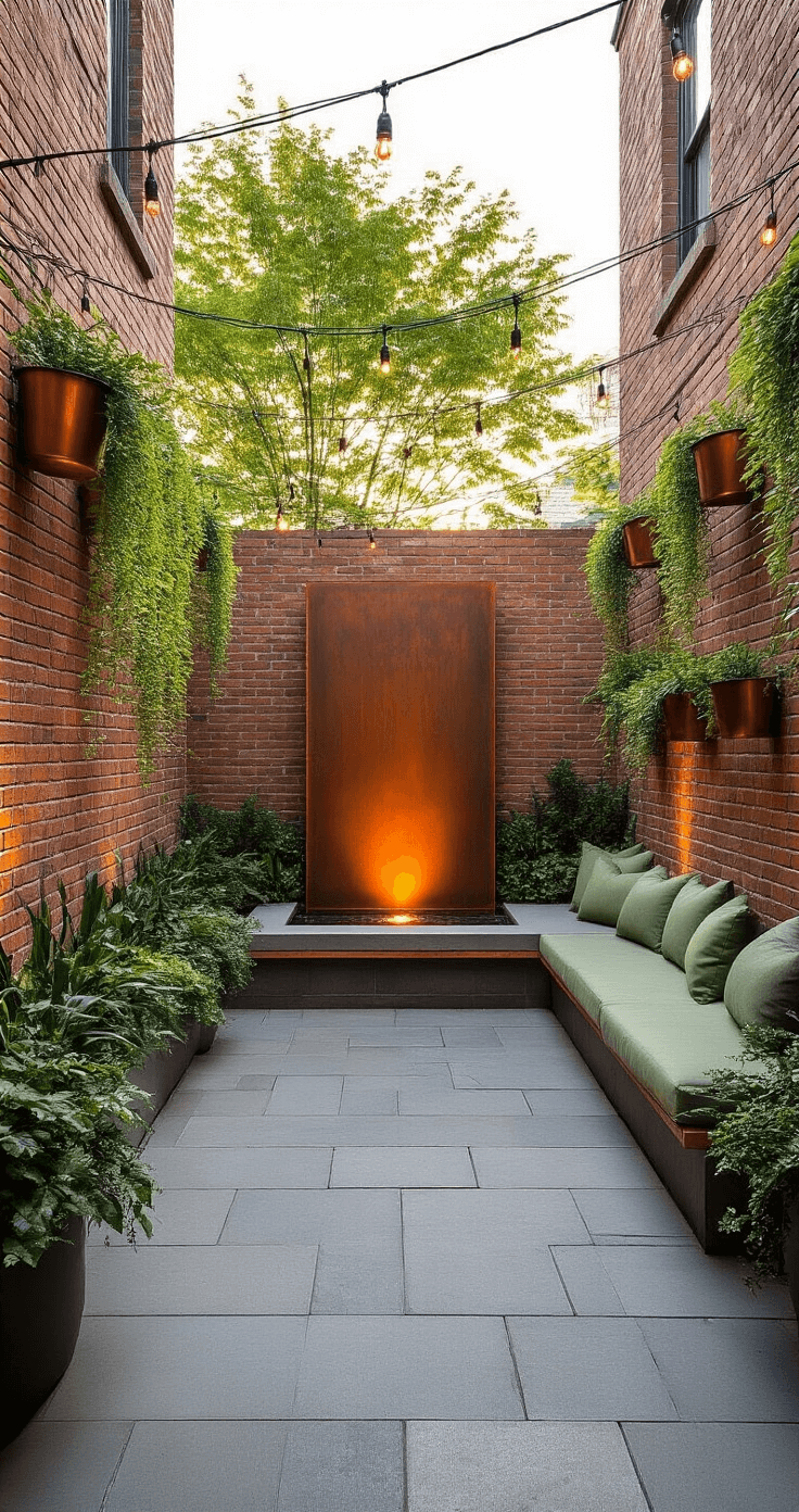 An intimate courtyard at golden hour featuring weathered brick walls, copper wall-mounted planters with silver falls dichondra, a modern corten steel water feature, natural stone pavers, an L-shaped bench with sage green cushions, and bistro string lights overhead, creating a warm and inviting ambiance.