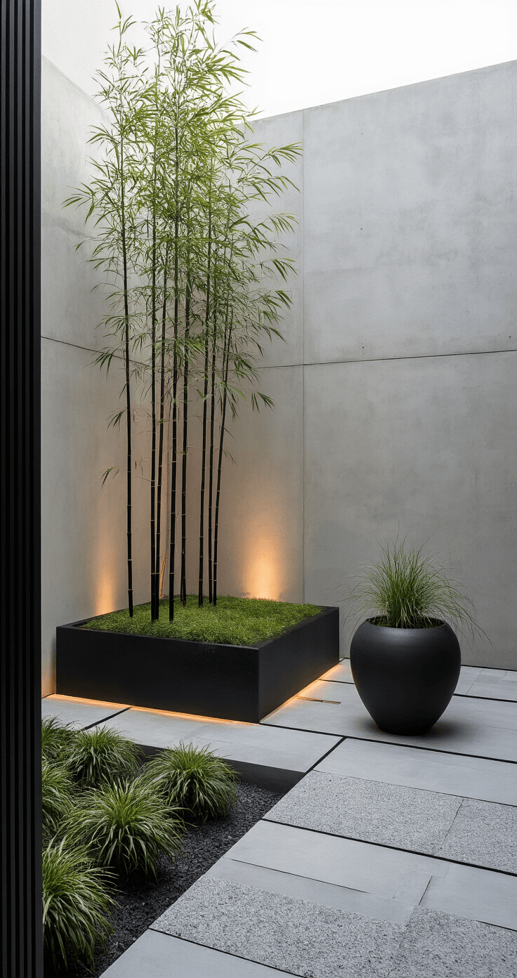 A minimalist zen-inspired courtyard at dawn featuring pale grey concrete walls, black bamboo in charcoal planters, and an oversized matte black ceramic pot with Japanese forest grass, enveloped in morning mist and dramatic shadows from hidden ground lighting, laid out with geometric pavers in alternating light and dark grey.