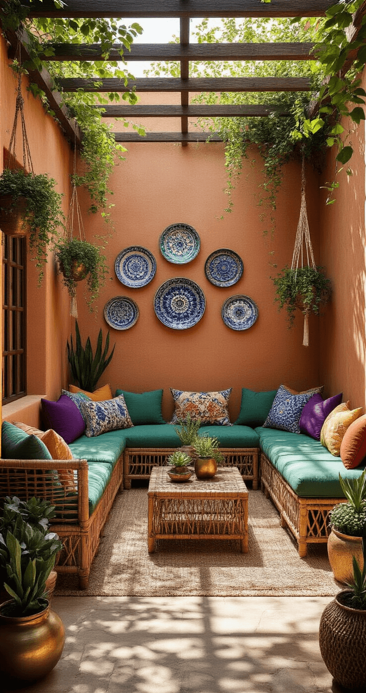 Eye-level view of a vibrant boho courtyard with terracotta stucco walls adorned with vintage Moroccan plates, featuring modular rattan seating with jewel-toned cushions and potted succulents. Macramé plant hangers display trailing string-of-pearls, illuminated by natural sunlight filtering through a pergola, casting intricate shadow patterns.