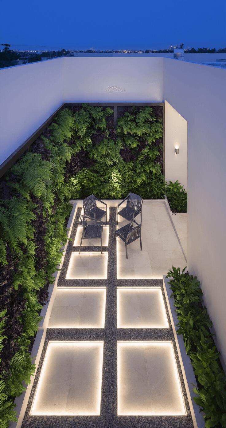 A bird's eye view of a contemporary courtyard at twilight, featuring geometric LED strip lighting on light limestone pavers, sleek white walls, vertical garden panels with ferns and heuchera, gunmetal grey metal furniture, and hidden uplighting enhancing architectural plants, all depicted in cool evening tones with warmth from artificial lighting.