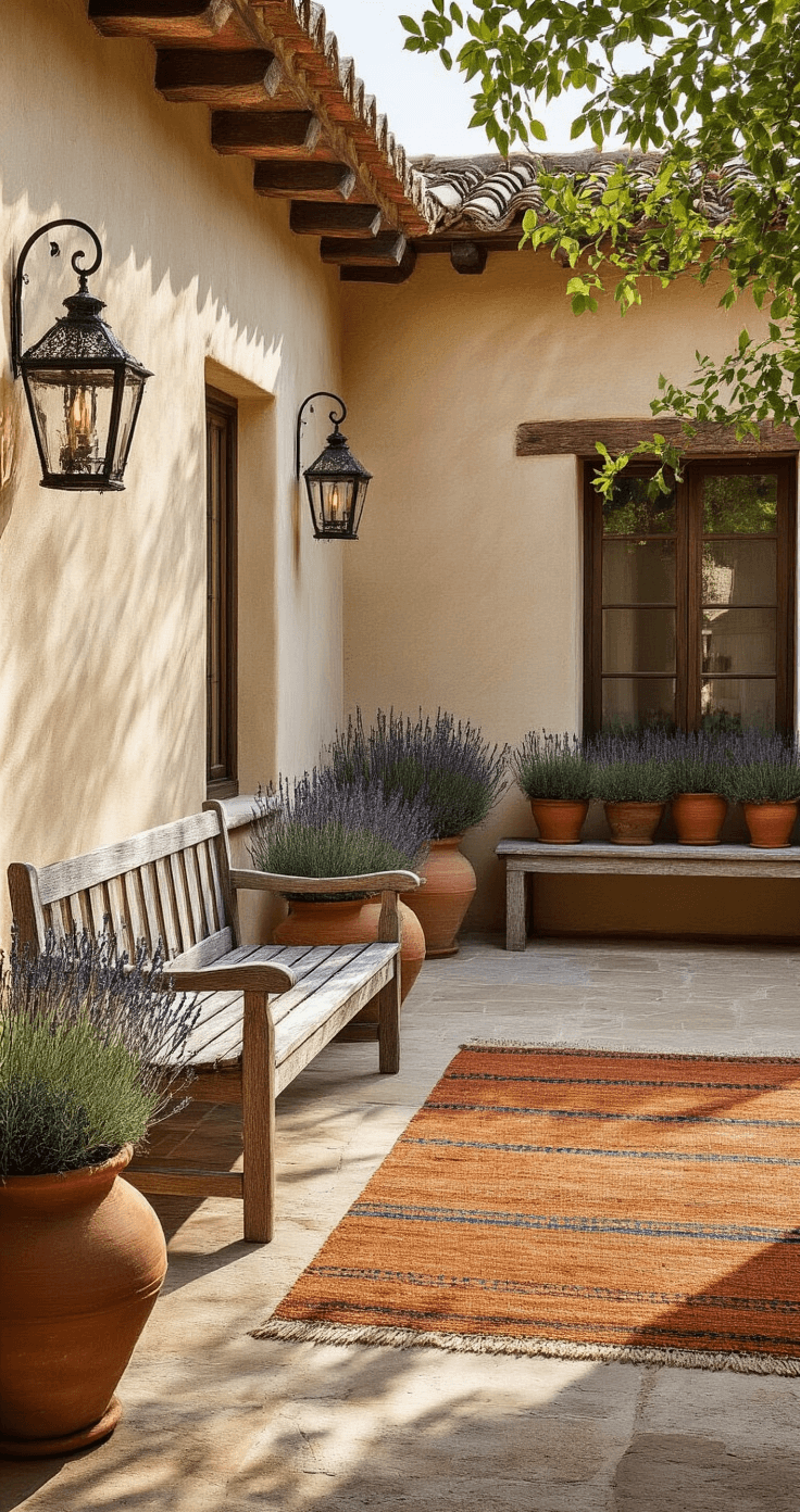 Corner angle view of a sunlit Mediterranean courtyard featuring vintage terracotta pots with lavender and rosemary, a silver-grey rustic wooden bench, handwoven rugs in burnt orange and indigo, and wrought iron lanterns casting shadows on textured stone flooring.