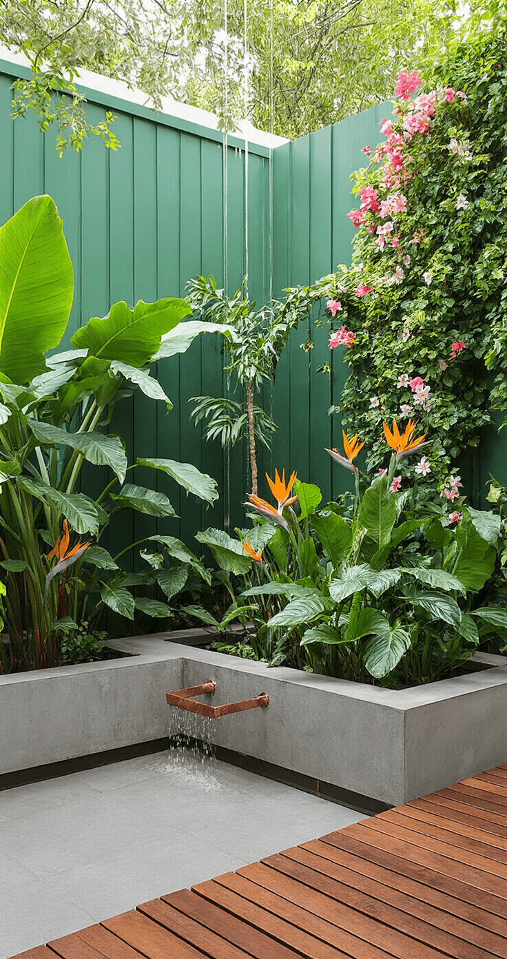 A low-angle view of a lush 16x12ft tropical courtyard featuring emerald green privacy screens with flowering vines, smooth concrete planters with bird of paradise and elephant ear plants, warm teak deck tiles, and copper rain chains, all illuminated by bright, even lighting.