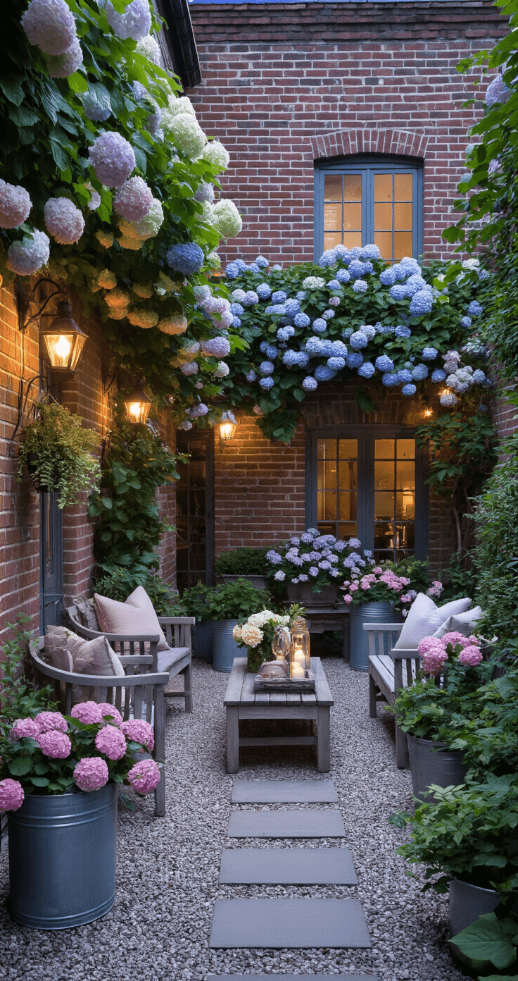 Eye-level view of a cozy cottage courtyard at dusk, featuring vintage brick walls adorned with pale blue and white climbing hydrangeas, weathered zinc containers full of pastel pink and purple perennials, reclaimed wooden furniture with soft grey fabrics, and solar-powered lanterns illuminating a gravel and stone pathway.