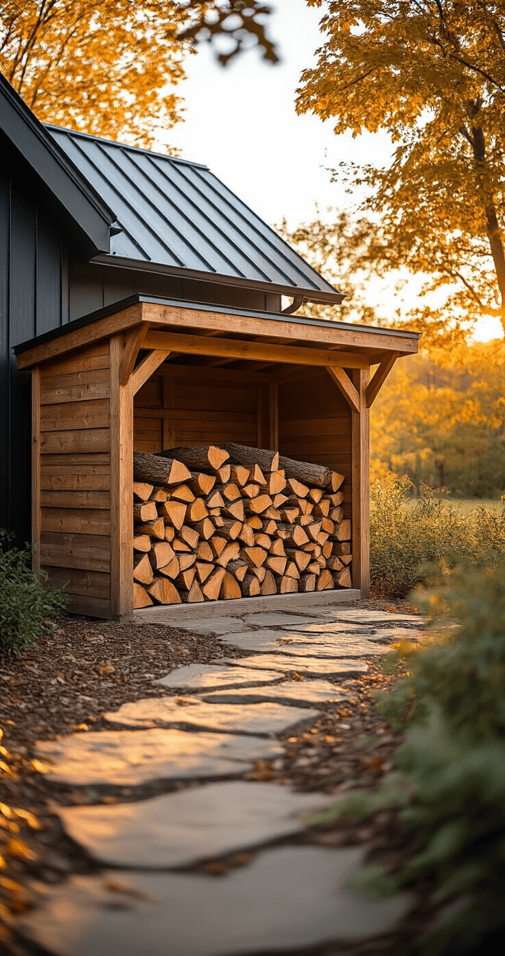 A rustic cedar firewood shed with a sloped metal roof, partially filled with neatly arranged oak firewood, set against a modern farmhouse at golden hour. Dappled sunlight filters through maple trees, highlighting the textures of the weathered wood and casting intricate shadows. A natural stone pathway leads to the shed entrance, with warm evening light enhancing the overall atmosphere.