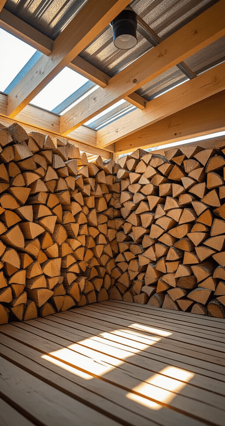 Close-up of a compact pine firewood shed interior featuring precision-stacked cordwood on an elevated slatted floor, illuminated by dramatic side lighting that highlights wood grain patterns and creates contrasting shadows. Striking light beams filter through natural ventilation gaps, with an industrial-style galvanized metal roof visible above.