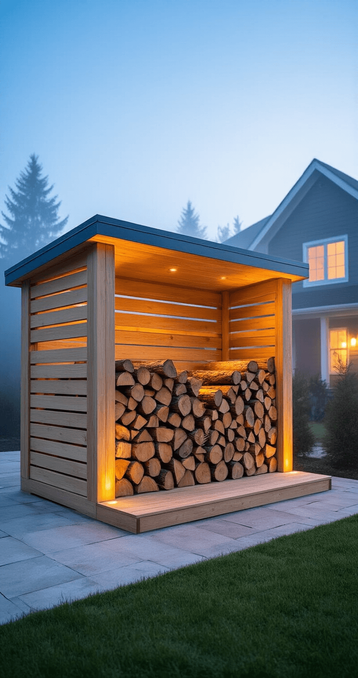 Contemporary 7'x4' pressure-treated lumber shed photographed at blue hour, with modern house facade in soft focus behind. LED lighting highlights the shed's clean lines, while neatly stacked firewood creates geometric patterns through slatted sides. Morning mist adds atmospheric depth, with cool tones and warm lighting accents.