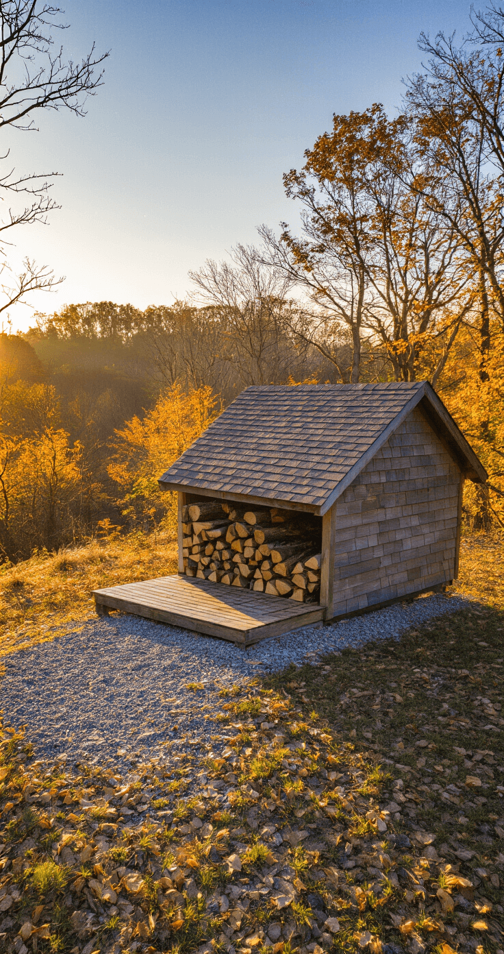 Dramatic aerial view of a small firewood shed in an autumn landscape at sunrise, featuring a sloped roof and surrounded by vibrant fall foliage, with a gravel path leading to it.