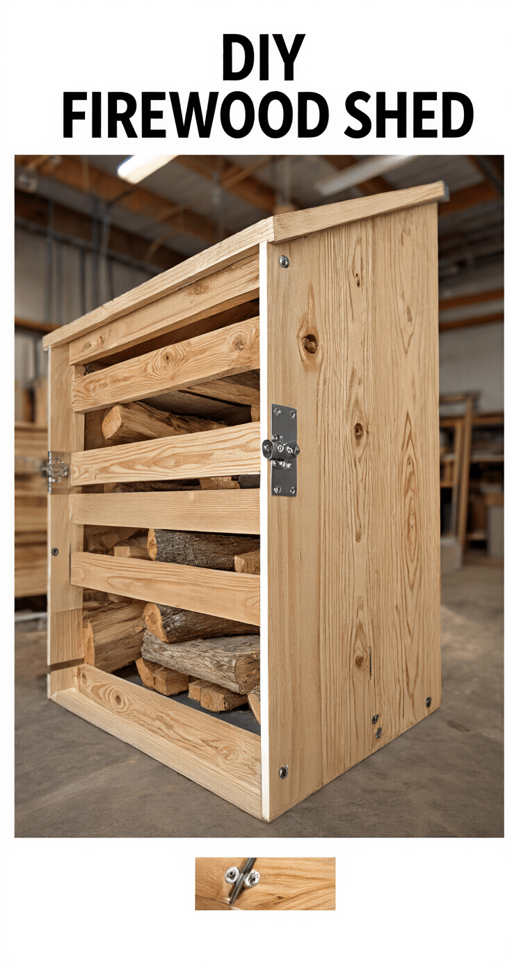 Close-up of DIY firewood shed construction, showcasing intricate joinery and hardware connections with rich wood grain patterns under workshop lighting. Stainless steel fasteners contrast with the warm wood, captured with a shallow depth of field for an artistic effect.