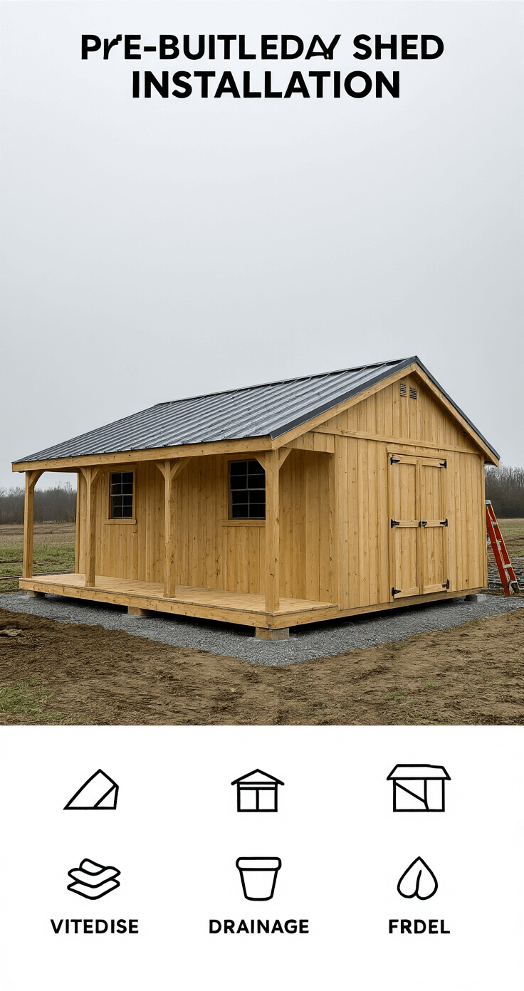 Environmental portrait of a professional installing a pre-built shed, featuring a wide scene with soft overcast lighting that evenly illuminates the cedar planks and metal roof. Ground preparation and drainage details are visible in the foreground, captured at f/5.6 for balanced depth of field.