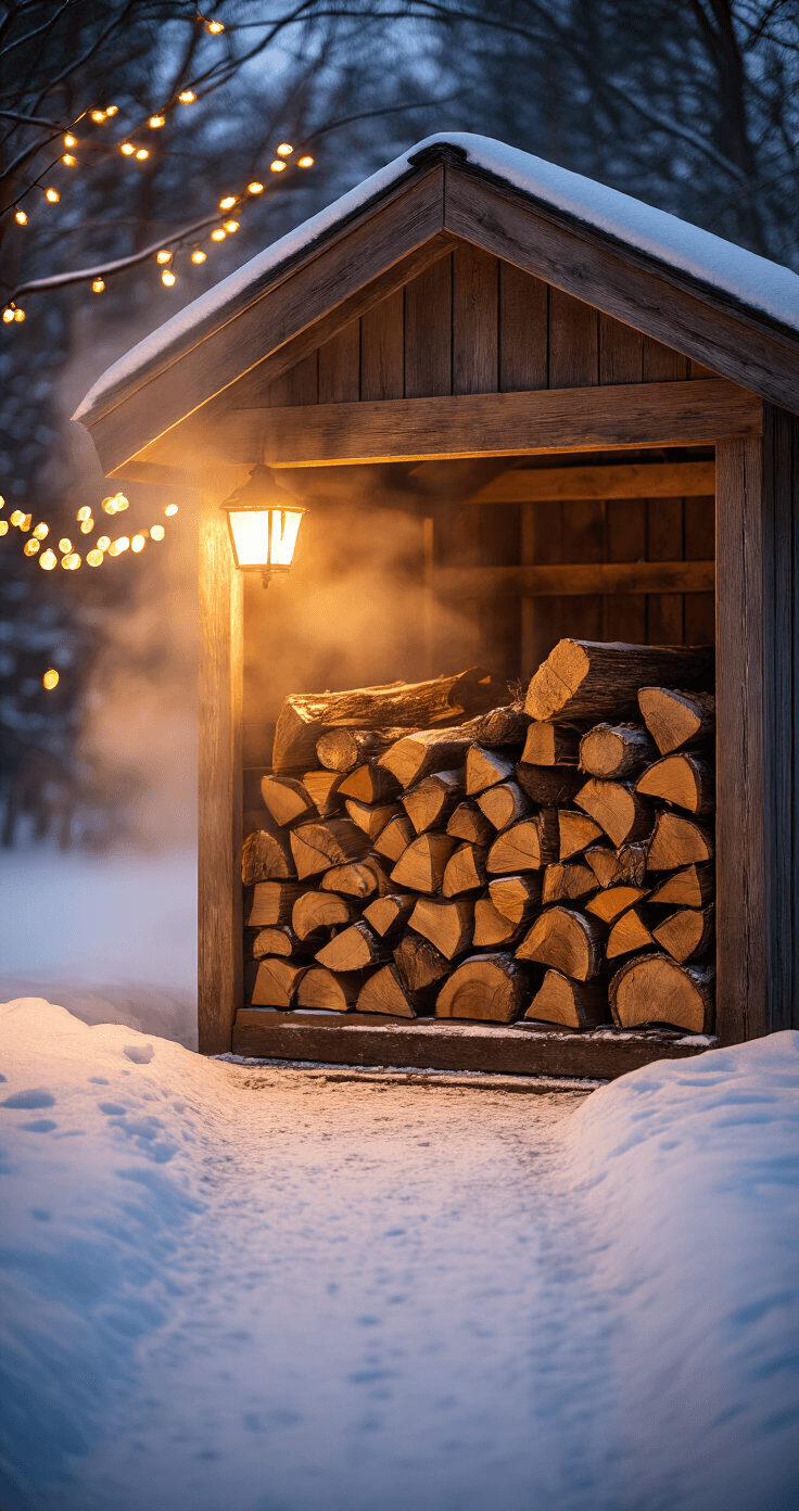 Cozy winter scene of a firewood shed illuminated by warm porch light on a snowy path, with steam rising from stacked wood and holiday lights softly glowing in the background.