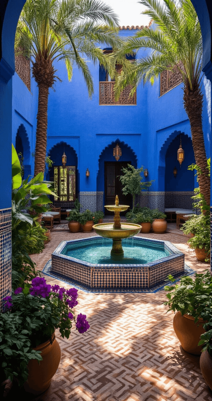 A sunlit Moroccan courtyard with Majorelle blue walls, intricate zellige tiles, a brass fountain, lush palm trees, vibrant bougainvillea, and cozy seating areas adorned with rugs and lanterns, showcasing serene luxury and authentic charm.
