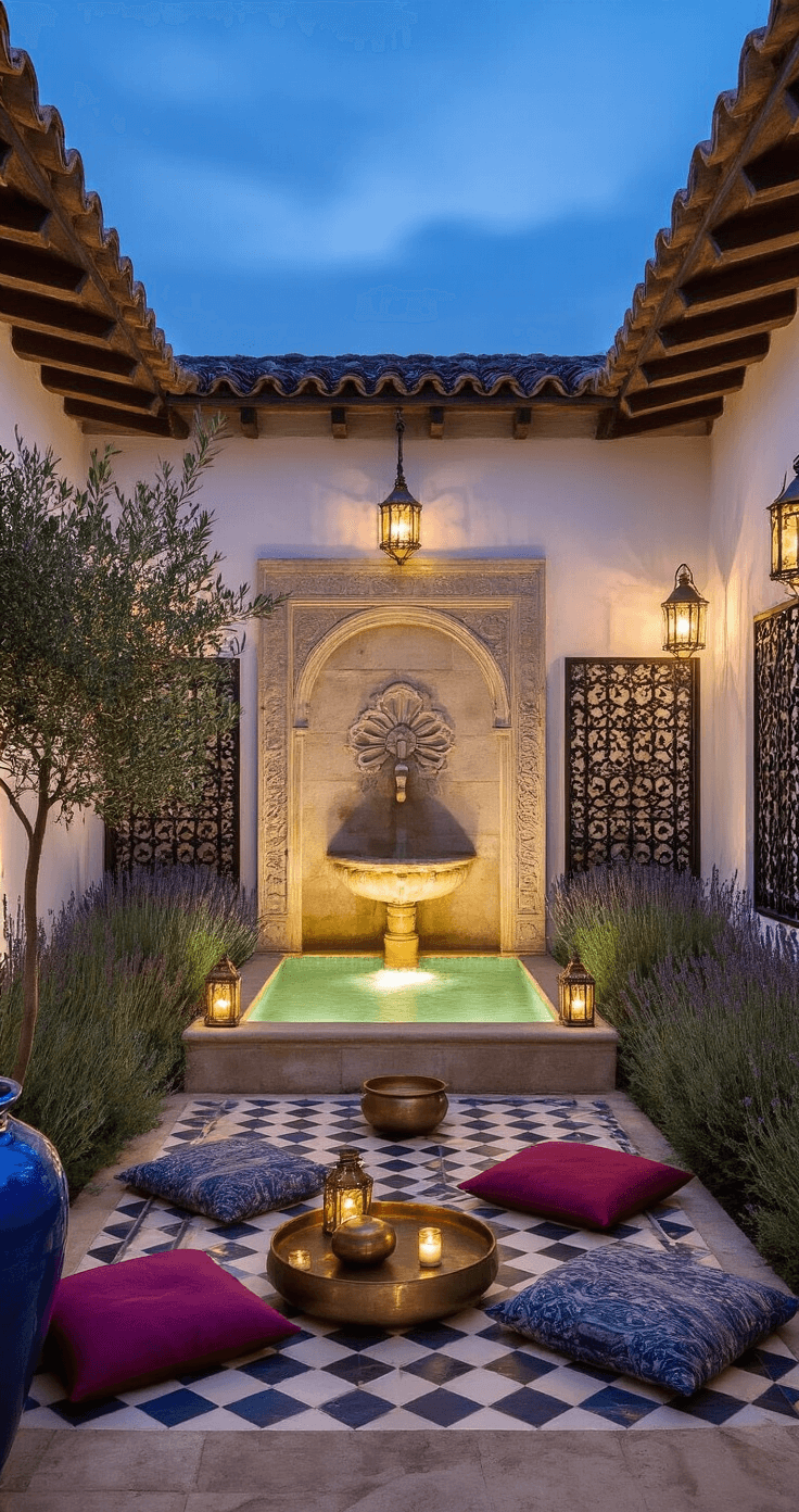 A cozy 15x15ft courtyard at dusk featuring a carved limestone wall fountain, traditional brass lanterns, and wrought iron screens casting shadows on whitewashed walls. Geometric tile paths are bordered by Mediterranean herbs and lavender, with oversized blue glazed pottery holding mature olive trees. Plush jewel-toned floor cushions surround a low brass tea table, while floating candles in copper bowls enhance the mysterious and enchanting ambiance.