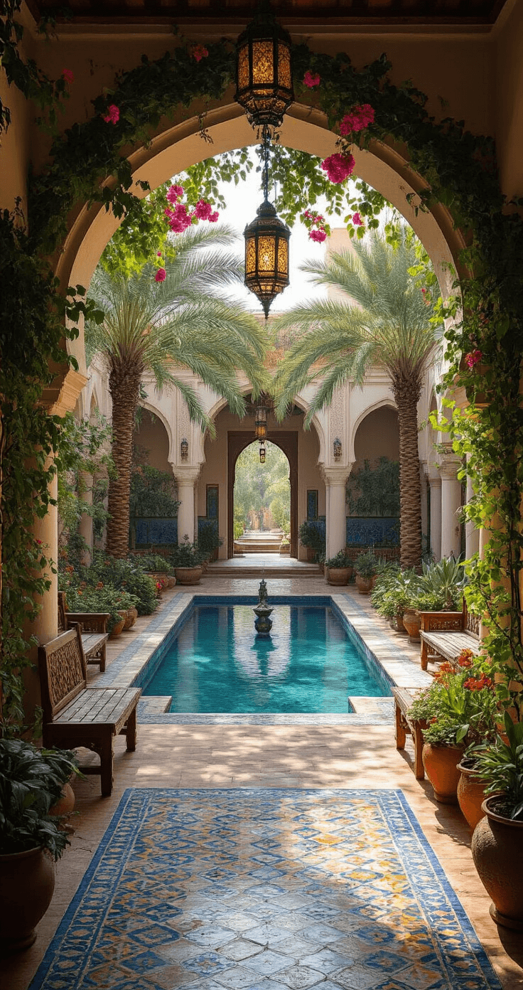 A tranquil courtyard scene at eye level, featuring soaring archways draped in flowering vines, a central reflecting pool, hand-painted Moroccan tiles in deep blues and emeralds, shaded by mature date palms, with carved wooden benches, clusters of hanging brass lanterns, and vibrant terra cotta containers filled with succulents and desert roses, complemented by colorful traditional kilim textiles.