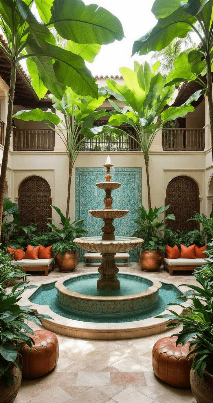 A luxurious courtyard featuring a four-tiered marble fountain at its center, surrounded by geometric water channels, accented by painted ceramic tiles in turquoise and coral. Mature ficus trees create a natural canopy overhead, while copper planters filled with exotic ferns and birds of paradise enhance the refined atmosphere. Carved wooden screens filter light onto plush seating areas, complemented by rich leather poufs.
