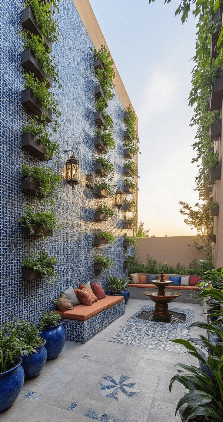 Low-angle view of a small urban courtyard at sunset, featuring tall mosaic-tiled walls with mounted planters, a star-pattern floor in grey and white, a wall-mounted copper fountain, blue glazed containers with Mediterranean plants, minimalist seating with jewel-toned cushions, and a mix of contemporary and traditional metal lanterns.