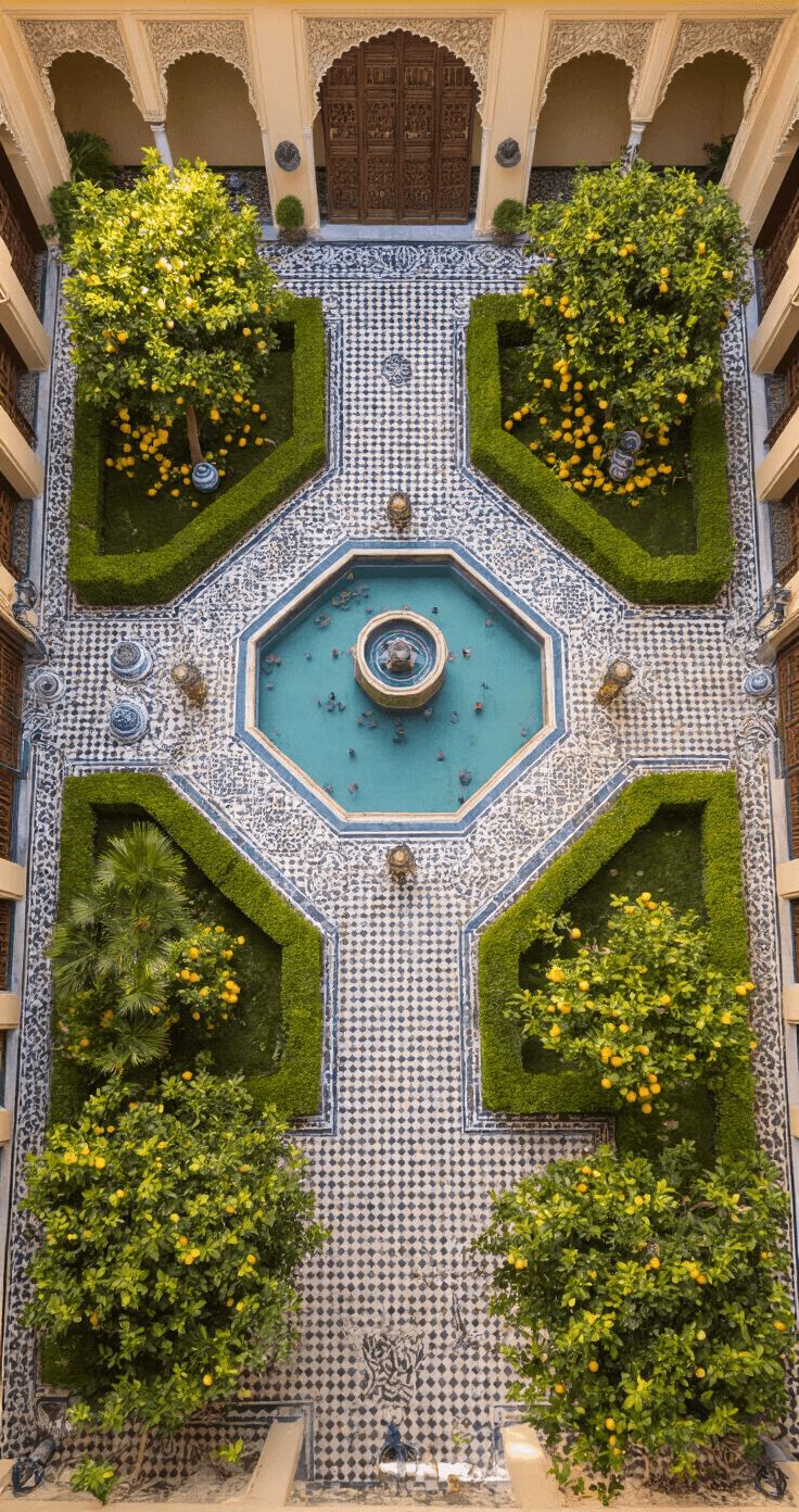Bird's eye view of a grand courtyard featuring an octagonal pool at its center, surrounded by intricate marble inlay. The courtyard showcases four symmetrical garden quadrants with citrus trees, formal hedging, and painted wooden pergolas draped in wisteria. Antique brass lanterns illuminate curved pathways, while blue and white pottery holds specimen palms. Traditional carved doors open to intimate alcoves, all captured during golden hour, evoking a mood of classical grandeur.