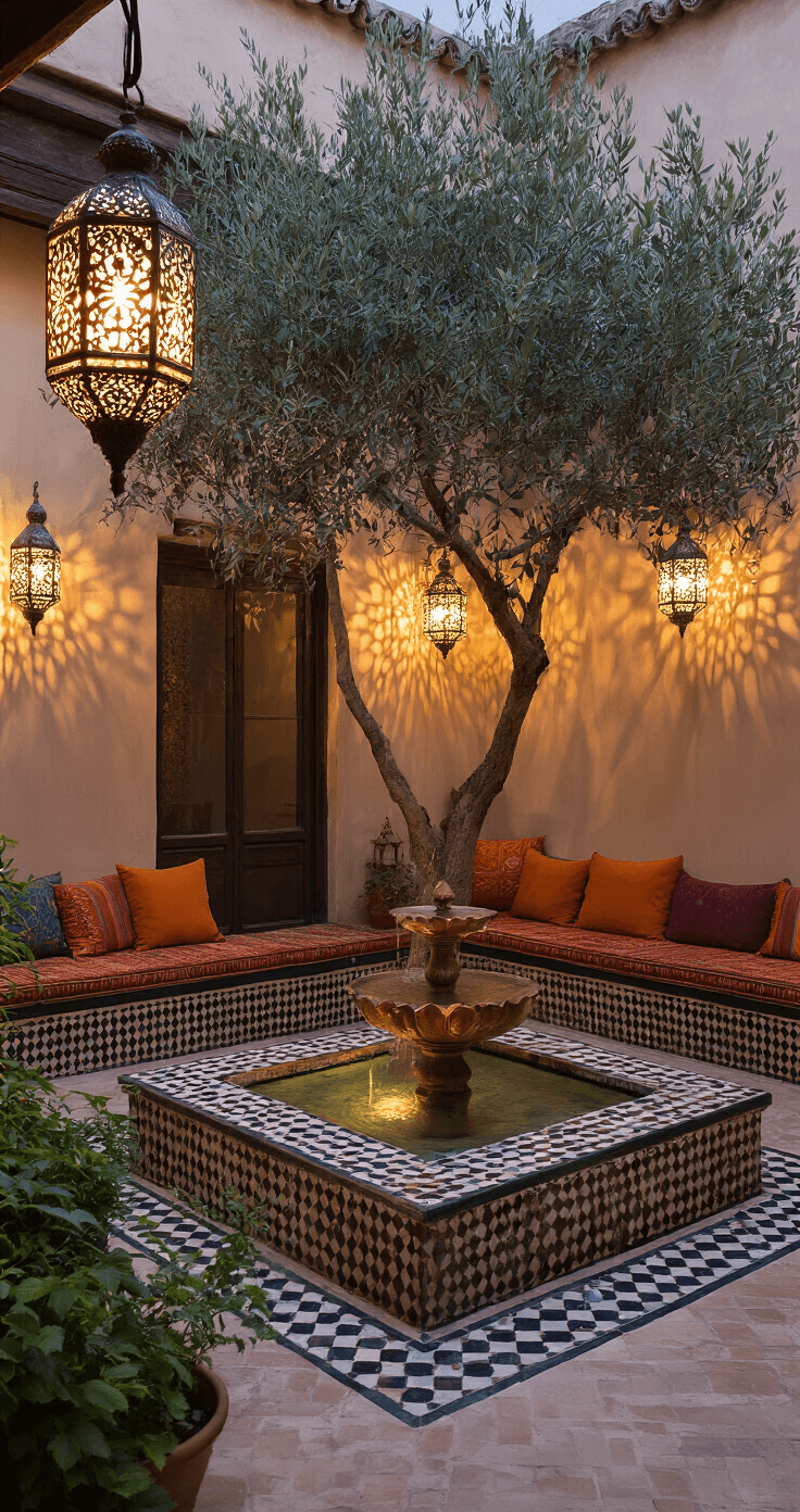 A twilight courtyard corner featuring vintage metal lanterns casting intricate patterns on hand-carved plaster walls, an ancient olive tree in a star-shaped tile bed, a copper water basin with a lotus fountain, layered rust, saffron, and indigo textiles on metal seating, and potted herbs and jasmine, enhanced by thoughtfully placed Moroccan artifacts, creating an intimate and authentic evening atmosphere.