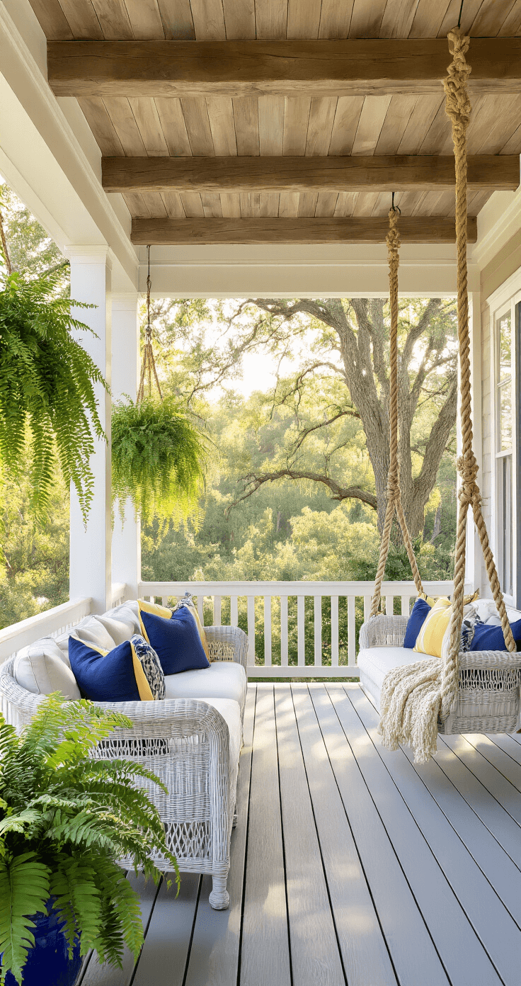 A spacious wraparound porch with weathered gray decking, featuring a white wicker sofa with navy and citron pillows, a rope swing chair, and blue ceramic planters with ferns and hibiscus, all illuminated by golden hour sunlight filtering through oak trees.