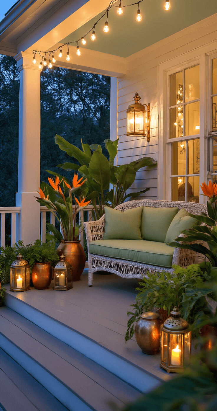 Intimate dusk-lit porch featuring a vintage rattan loveseat in sage green, adorned with brass lanterns and market lights, surrounded by tropical plants in copper and terra cotta planters, with soft reflections in window panes.