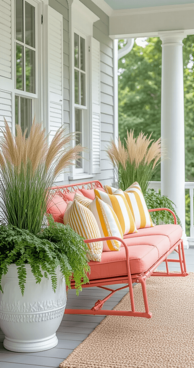 Sun-drenched front porch featuring classic white columns, a coral vintage metal glider with striped pillows, oversized white ceramic planters with ornamental grasses, and a natural fiber rug, captured in bright morning light for maximum depth of field.
